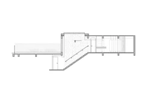Simple floor plan of a stairwell and hallway with a staircase and door, featuring a top-down layout with linework and labels