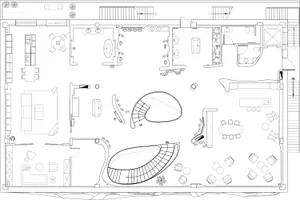 2D floor plan of a modern hotel with a lobby, dining area, and lounge, featuring a mix of materials and colors, with furniture and other elements placed strategically for comfort and convenience