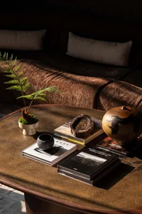 Cozy modern living space with a brown couch, a coffee table with books, a vase, and a bowl, and natural light from a window