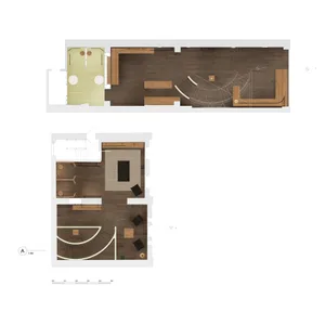 2D floor plan of a modern residential space with wood accents, well-lit and inviting