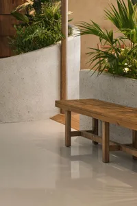 Cozy living space with a wooden bench and a potted plant, surrounded by a chair and a warm atmosphere