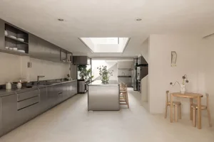 A modern kitchen and dining area with a large island, potted plants, and vases, surrounded by white walls and minimalistic decor, with natural sunlight streaming in through the windows