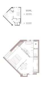 2D floor plan of a modern residential space with white and brown materials, featuring a living room, kitchen, and bathroom