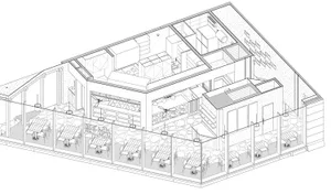 A modern dining and kitchen space with white surfaces, clean lines, and minimalistic design, featuring a top-down layout with labels and measurements