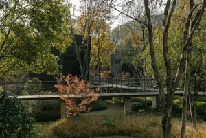 A serene outdoor space with a house surrounded by trees, a wooden bridge over a stream, and benches placed around the area