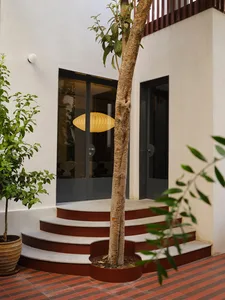 A modern house with a wooden staircase and concrete exterior, set in a natural outdoor setting with a calm and inviting atmosphere