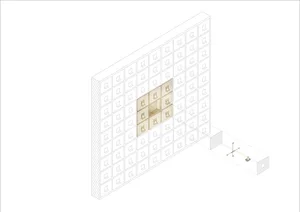 A simple room with a brick wall, doorway, and window, depicted in a minimalistic floor plan with dim lighting