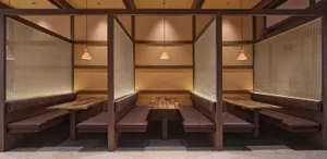 Rustic dining space with wooden benches, cushions, and a dining table, illuminated by a series of lights