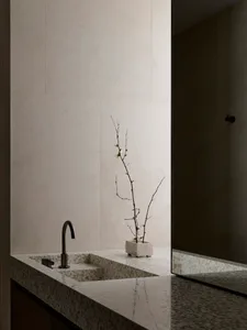 A modern bathroom with a sink, mirror, and potted plant, featuring marble and glass surfaces, in a well-lit space