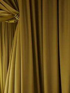Dimly lit room with yellow curtains, a traditional interior with classic elements