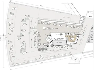 Detailed floor plan of a modern dining and kitchen area with tables, chairs, and well-planned lighting