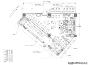 Black and white floor plan of a restaurant with dining tables and chairs, labeled measurements and dimensions