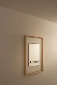 A modern residential bathroom with a white heater and mirror on the wall, mounted on a wooden frame, in a well-lit space with a clean and organized atmosphere