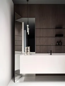 A modern bathroom with a white sink, marble countertop, and a wooden cabinet, well-lit with a mirror above the sink