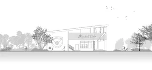 A simple white drawing of a cafe floor plan with a person walking in front of it, showing the layout and measurements of the building