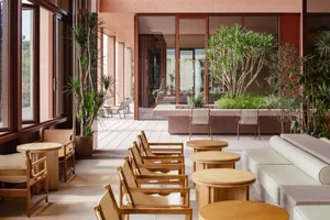 A modern restaurant space with comfortable seating, various chairs, and dining tables, decorated with potted plants and natural light