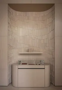 Bathroom with a white marble countertop, a wooden shelf, a sink, and a mirror, with dim lighting creating a cozy atmosphere