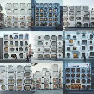 A collage of various modern buildings in urban settings, featuring white as a dominant color with gray and black accents, set against a natural light backdrop with visible shadows and reflections