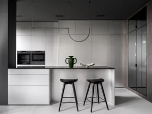Modern kitchen with a black and white color scheme, featuring white cabinets, black countertops, and a green vase and book on the countertop