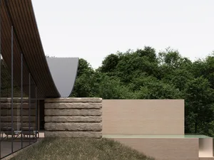 A modern house with a stone facade, a pool, and a patio in a grassy area, creating a relaxing and inviting outdoor space