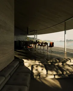A modern living room with a dining table, kitchen area, and comfortable seating, lit by a large window with a view of the outdoors