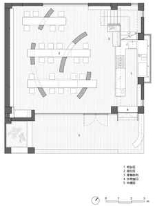 A modern floor plan featuring a large open space with a dining area and a kitchen, well-lit and inviting