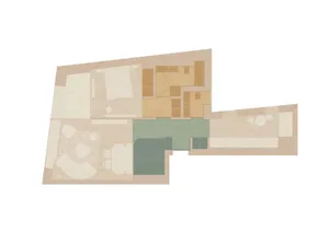 2D top-down floor plan of a modern residential building with room outlines, labels, measurements, and symbols, featuring concrete and wood materials and natural lighting