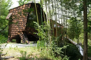 A modern minimalist house with a wooden structure, surrounded by trees, featuring a large window and natural light
