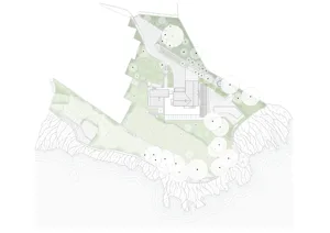 Hand-drawn floor plan of a house with a focus on the outdoor area, featuring a patio and garden with scattered trees and bushes