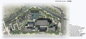Luxurious hotel building with a mix of black and white colors, surrounded by trees and a park-like environment