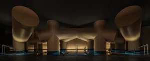 一座現代建築，圍繞著泳池，木材結構創造出放鬆和奢華的氛圍