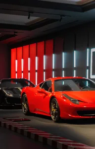 A modern showroom with two red sports cars, one a Ferrari, parked in a room with red walls and floor, creating a bold and luxurious atmosphere