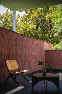 Warm living space with a brown wall, red wall, wooden floor, chair, potted plant, and dining table