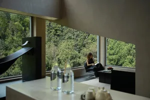 A well-lit living room with a woman reading a book in a chair, near a dining table and a second chair by a window