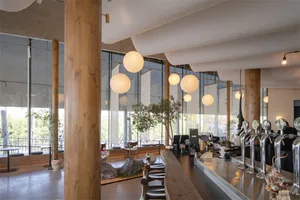 A well-lit modern room with a wooden floor, a bar, chairs, a dining table, and a potted plant, creating a warm and inviting atmosphere