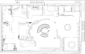 2D floor plan of a modern living space with a kitchen and living room, featuring a couch, chair, sink, and refrigerator, with white materials and clean lines