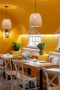 Dining area with yellow walls, white furniture, and potted plants, illuminated by natural light