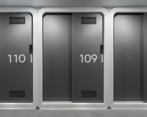 A dimly lit hallway with two black doors, each labeled with the number 109, in a grayish room
