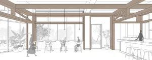 2D floor plan of a modern restaurant with wood and glass materials, featuring a dining area with tables and chairs, and natural lighting from windows