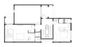 White and black floor plan of a modern house with clear outlines and labels for each room, showcasing a calm and organized layout with efficient use of space