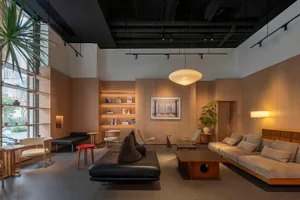 A well-lit living room with a black couch, a chair, and a dining table, featuring a potted plant and a modern design