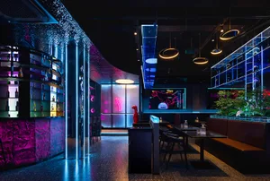 A modern restaurant interior with a bar, large window, and comfortable seating area with wooden furniture and potted plants, creating a warm and inviting atmosphere