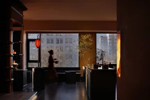 A woman walks through a kitchen with a yellow wall, surrounded by kitchen items and a potted plant, creating a calm and inviting atmosphere