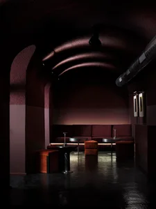 Cozy dining room with a purple wall, red ceiling, wooden walls, and a dining table, bar counter, and couches