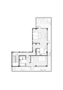 Classic two-story house floor plan with black and white linework, labeled rooms, and natural lighting