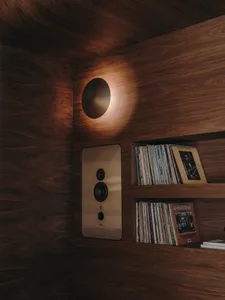Cozy living space with wooden walls, a wooden bookshelf, and a light above it, creating a warm and inviting atmosphere