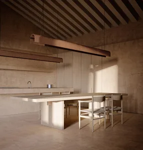 A modern kitchen with a wooden table and chairs, dim lighting, and a predominantly white space