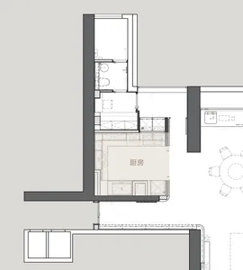 2D floor plan of a modern restaurant with a kitchen and dining area, featuring white and gray tones, linework, and labels