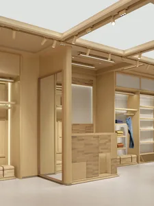 A cozy closet with wooden walls and floors, filled with organized clothing and accessories