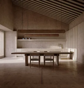 Modern kitchen with a wooden floor, a large dining table, and a sink, featuring clean lines and minimalistic design elements